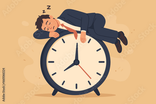 Wasted time and procrastination concept. Lazy businessman sleeping on an alarm clock. Burnout metaphor, deadline pressure. Tired, unmotivated employee with no motivation.