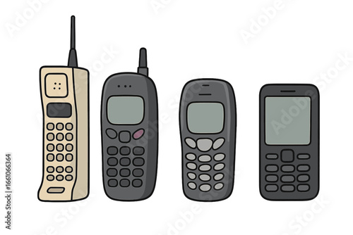 Evolution of Mobile Phones Vector Illustration. Vintage Cell Phones Progression. Retro Communication Devices Timeline. Technological Advancement Icon Set. Cartoon Flat Isolated Transparent Graphics.