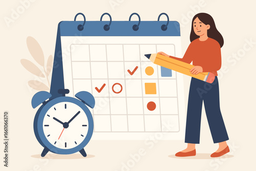 Work schedule and project management timeline concept. Business deadline reminder with woman holding giant pencil marking calendar for appointment and event planning. Time management.