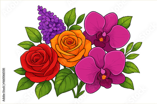 Vibrant floral bouquet vector illustration with red roses, orange rose, purple lilac, and pink orchid flowers, lush green leaves, botanical arrangement, isolated on white, garden nature concept
