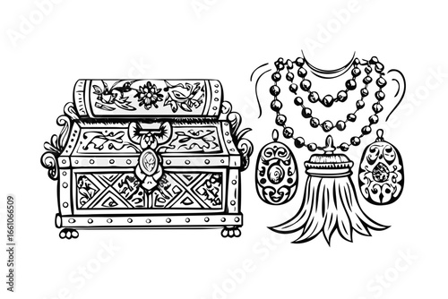 Ornate treasure chest overflowing with jewelry and precious gems on a black background
