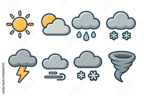 Vector weather icons set showing sun, cloudy, rain, snow, thunderstorm, wind, tornado. Cartoon meteorology symbols for forecast, climate, atmosphere, season change, conditions. Transparent background.