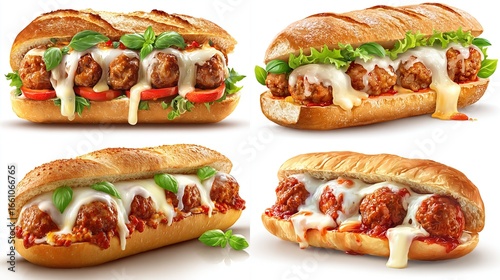 Four variations of a meatball sub are shown, each featuring meatballs in marinara sauce, melted cheese, and fresh basil on a crusty baguette.  Cheese is dripping from each