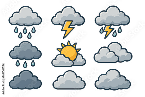 Stylized vector weather icons set – rain, thunder, sun, clouds, heavy rainfall, storm, lightning, partly cloudy, gloomy sky, cartoon illustration, transparency, forecast conditions, climate clipart
