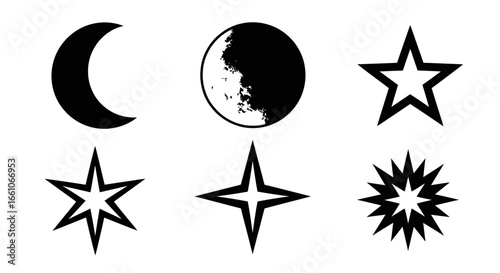 Set of black celestial icons featuring moon phases and star shapes. Vector graphic symbols for astronomy and night sky themes.