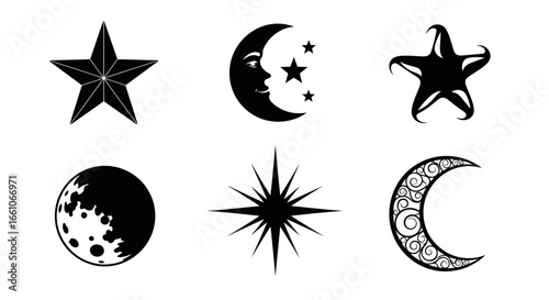 Esoteric collection of celestial symbols, featuring various stylized moons and stars in black and white