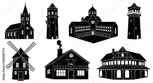 Silhouette Illustration of Various Buildings Church, Tower, School, Lighthouse, Windmill, and Homes