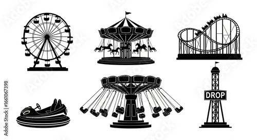 Amusement Park Ride Silhouettes Ferris Wheel, Carousel, Rollercoaster, Bumper Cars, and More