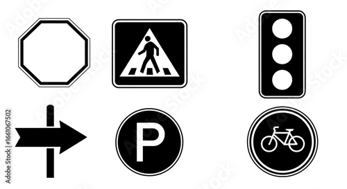 Collection of essential monochrome road signs for traffic control and street navigation.