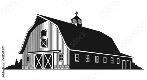 Striking Black and White Vector Illustration of a Classic Agricultural Barn, Capturing Rural Charm and Traditional Farm Architecture.
