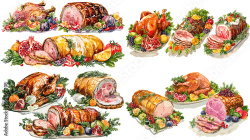 Realistic watercolor painting of roasted meat and poultry with herbs and fruits. Ideal for restaurant menus, festive food branding, culinary packaging, or gourmet illustration projects.