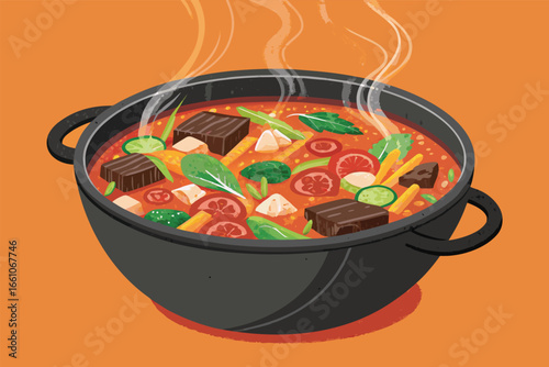 A steaming, bubbling hot pot filled with succulent meats, fresh vegetables, noodles, and aromatic broth, presented in a top-down, flat lay perspective.