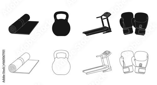 Gym equipment for fitness and healthy lifestyle - exercise machine, weights, gloves, and yoga mat