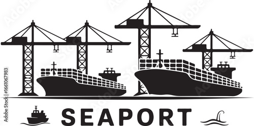 A stylized vector silhouette of a busy seaport shows two large container ships docked under giant cranes.