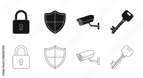 Comprehensive Security Icons Padlock, Shield, Surveillance Camera, and Key Vectors for Digital and Physical Protection