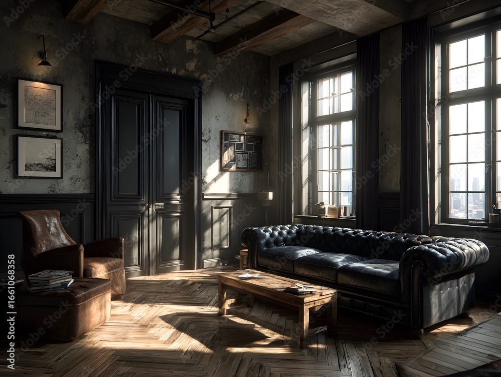 Fototapeta premium Sun streams into an elegant living room, illuminating a classic couch and vintage architecture details within.