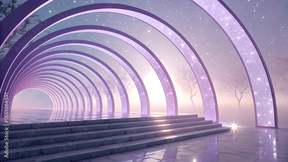 Fototapeta premium A dreamy lavender tunnel with arches and steps leading to a misty horizon with bare trees