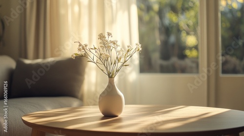A photorealistic mockup of a minimalist ceramic vase with flowers, placed on a wooden coffee table in a sunlit living room, AI Generative.