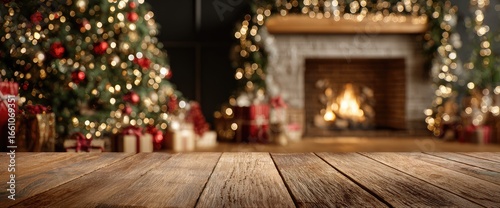 Christmas scene with a wooden table in front of a fireplace and trees