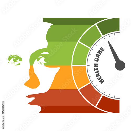Health care measuring device with arrow and scale. Portrait of young beautiful woman in low key style