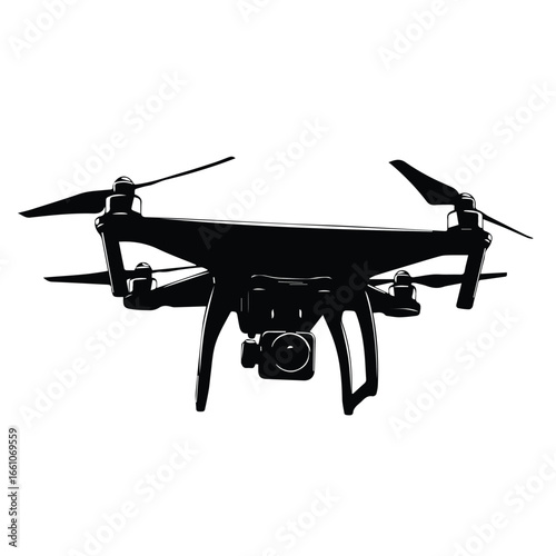 A detailed silhouette of a drone with a camera and four propellers against a white background view