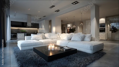 A bright open concept living room with a large white sectional couch, soft rug, and modern kitchen visible.