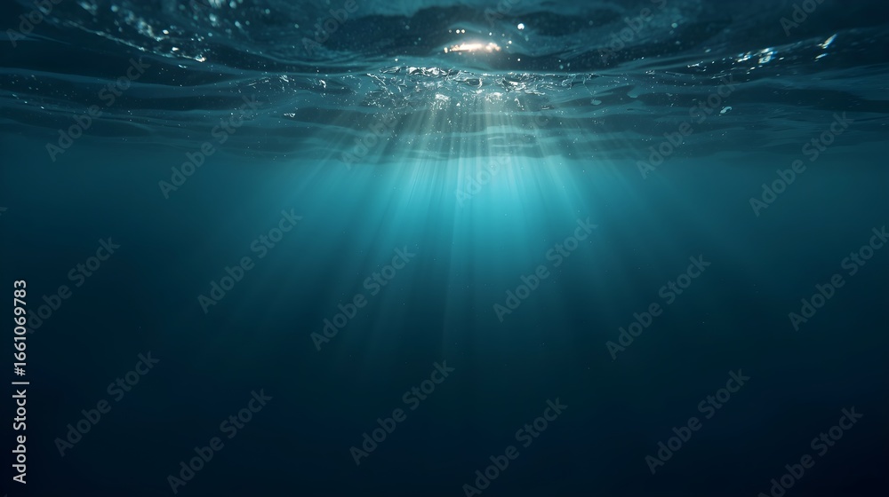 Obraz premium Underwater scene with sunbeams filtering through the water creating shimmering light patterns on the deep blue ocean surface evoking tranquility and mystery.