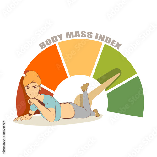 Body mass index level scale. Young woman lying near meter scale