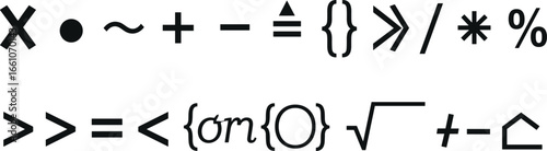 Mathematical symbols and operators collection, abstract math icons, digital equations, algebraic signs, geometry elements, coding logic, formula visuals, vector set