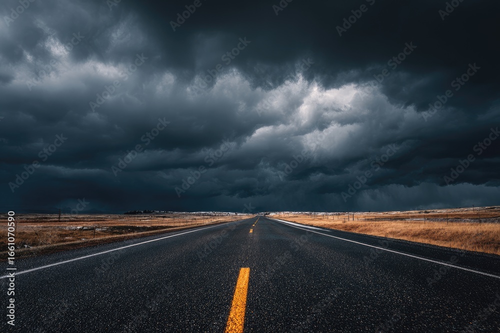 Naklejka premium Empty highway stretches into a dark, stormy sky