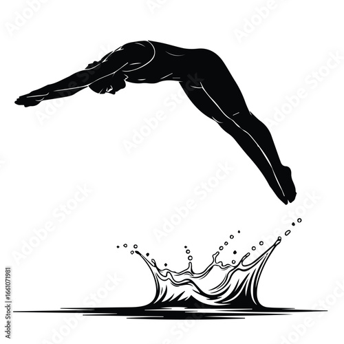 Silhouette of a diver plunging into water creating a splash with droplets in a monochrome illustration