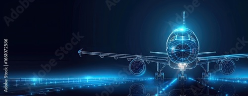 Airplane on runway, digital wireframe, night.  Futuristic travel concept