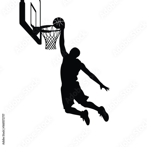 Silhouette of a basketball player performing a slam dunk with the ball going into the hoop on white background