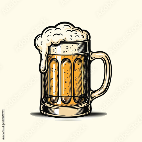 Frothy Beer Mug Vintage Vector Illustration