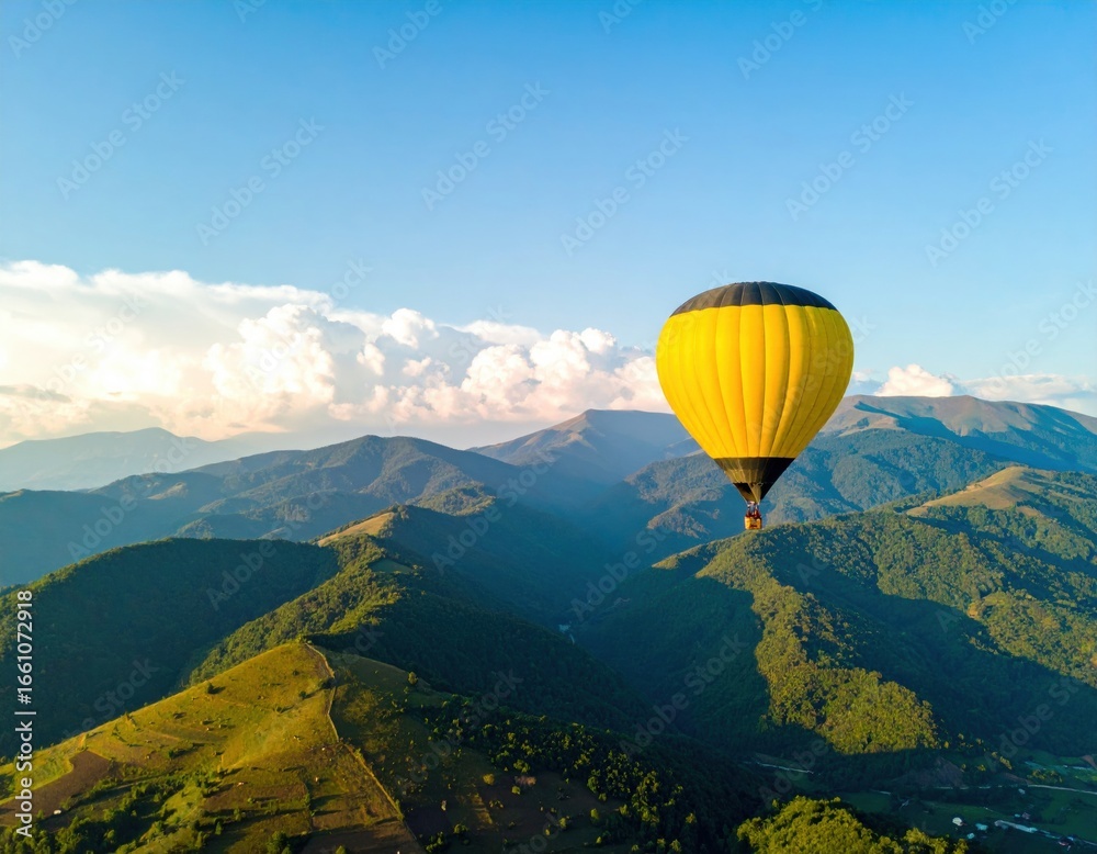 Naklejka premium Yellow Hot Air Balloon Over Green Mountain Landscape
