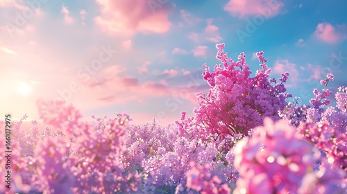 Idyllic spring background with blossoming lilac bushes flowers and pink wildflowers on meadow. Pink morning clouds on blue sky over delicate flowering spring meadow, space for text