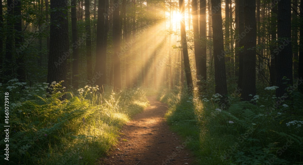 Obraz premium Sunlit Forest Path with Golden Hour Light