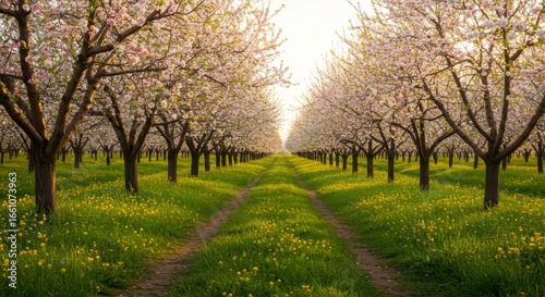 Rows of Blossoming Trees in a Spring Orchard