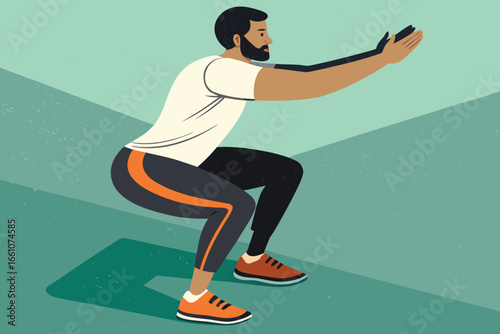 Athletic man performing weighted squats, demonstrating ideal form, engaged core, bent knees, straight back, controlled descent and ascent.
