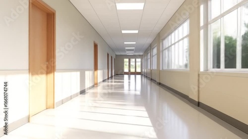 Wallpaper Mural Bright School Hallway With Sunlight Streaming Through Windows Perspective View of Empty Interior With White Walls and Wooden Doors Torontodigital.ca