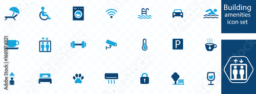 Building amenities icon set. Facilities, parking, elevator, garden, security, reception, swimming pool, concierge, pet friendly, gym and more.