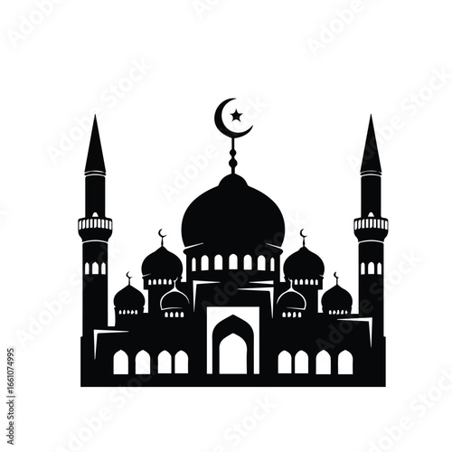 Silhouette of a mosque with minarets and domes topped with crescent moon and star symbols in black