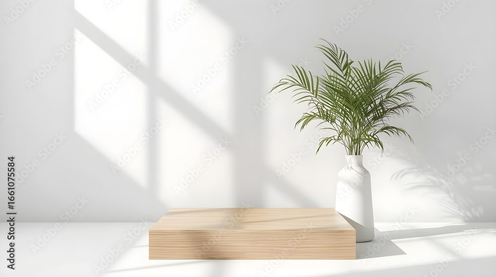 Fototapeta premium Minimalist indoor scene with a wooden pedestal and a leafy plant casting soft shadows and light on a clean white wall creating a serene and airy atmosphere for product display.