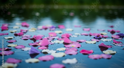Pink Purple White Flower Petals Floating on Calm Water