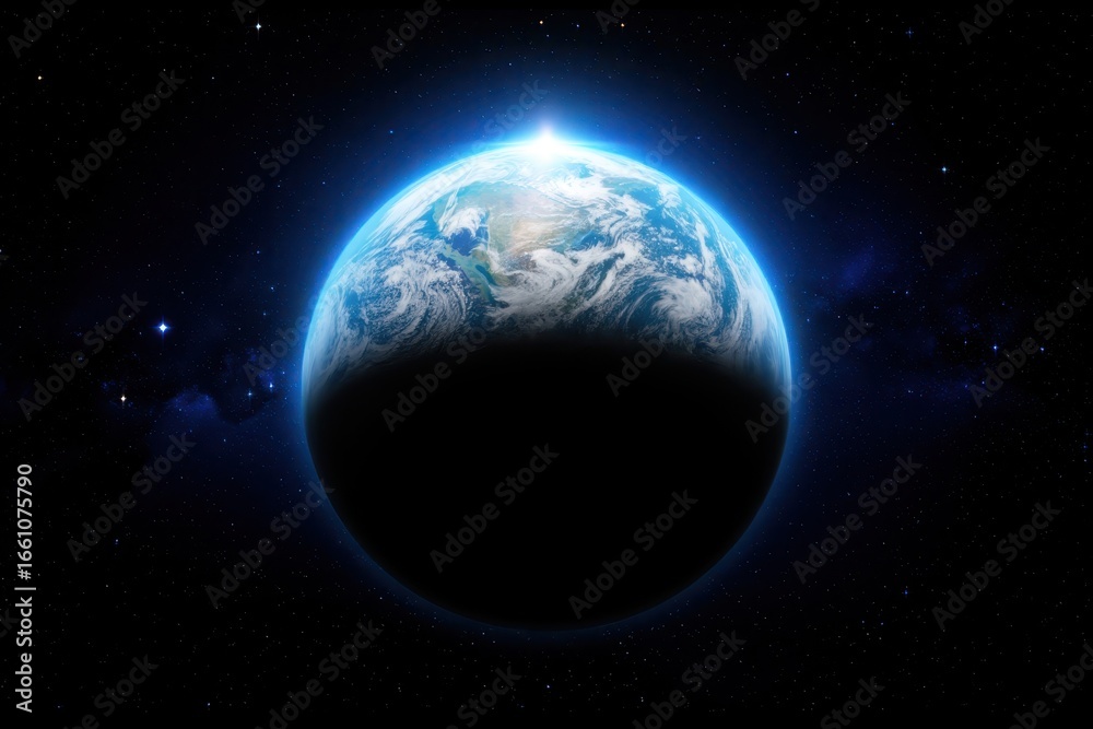 Fototapeta premium The earth viewed from space, glowing with blue oceans and white clouds against a starry galaxy background