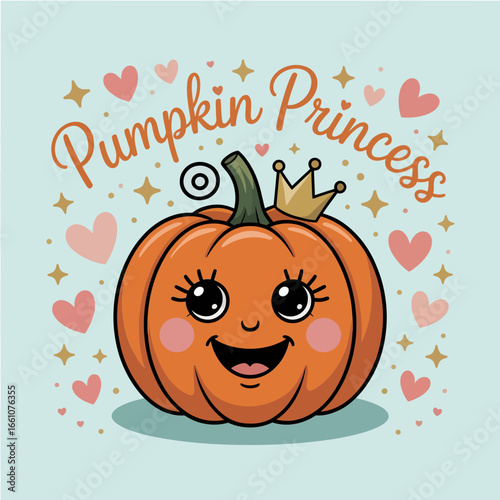 Pumpkin princess smiling pumpkin with little crown and rosy cheeks, sweet Halloween character art, nursery poster vector