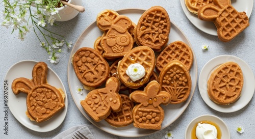 Easter Bunny and Egg Shaped Waffles with Honey and Cream