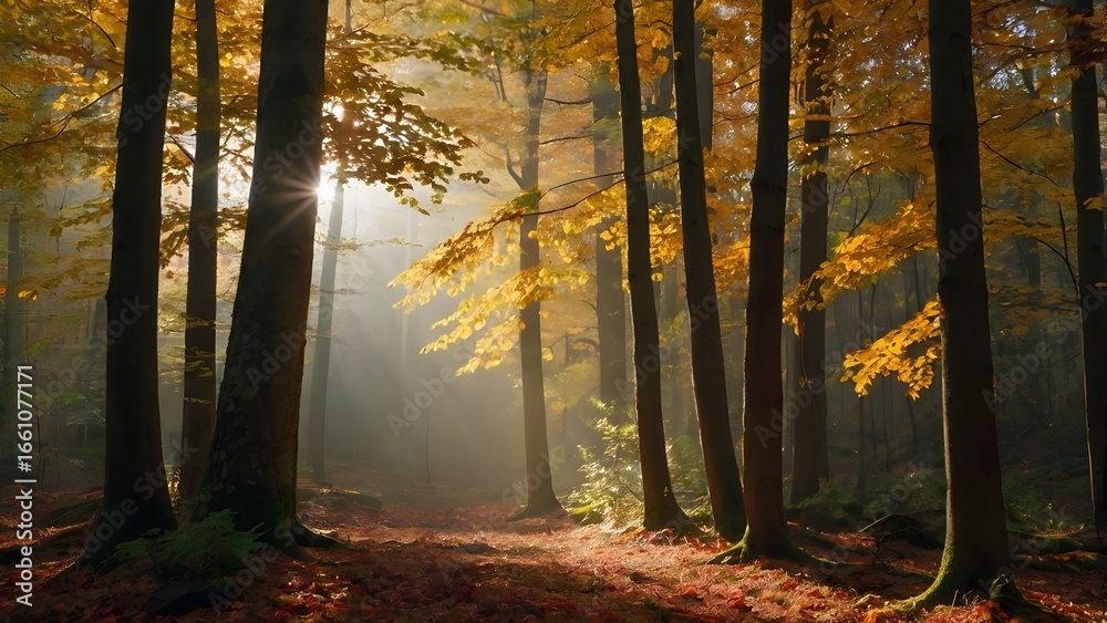 Fototapeta premium autumn forest in the morning with sun rays