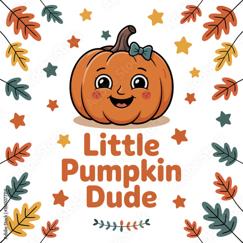 Little pumpkin dude framed by falling leaves, cute pumpkin mascot with sprout stem, kids Halloween poster, party invite, sticker vector