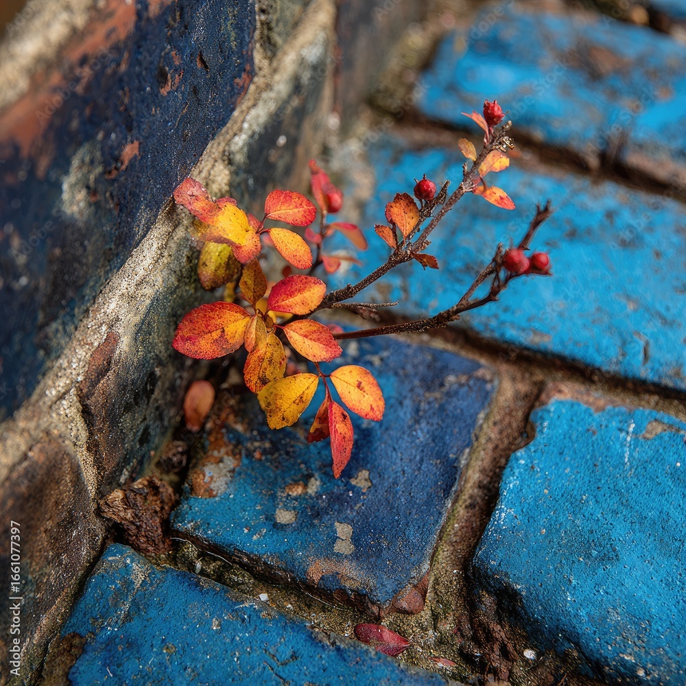 Fototapeta premium Small plant with colorful leaves grows between aged bricks